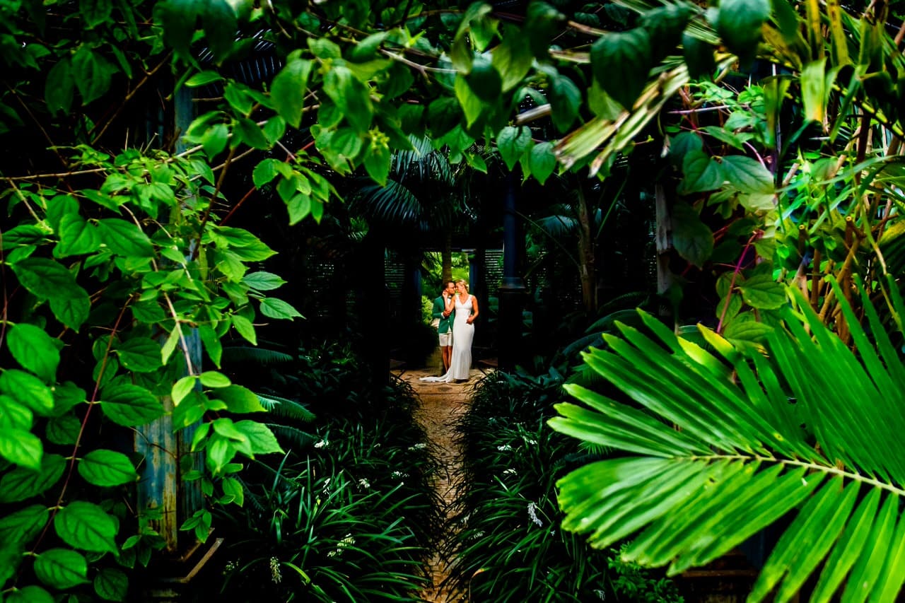 Trouwfotograaf Spanje - Trouwen in spanje - Bruidspaar in Spaanse tuin